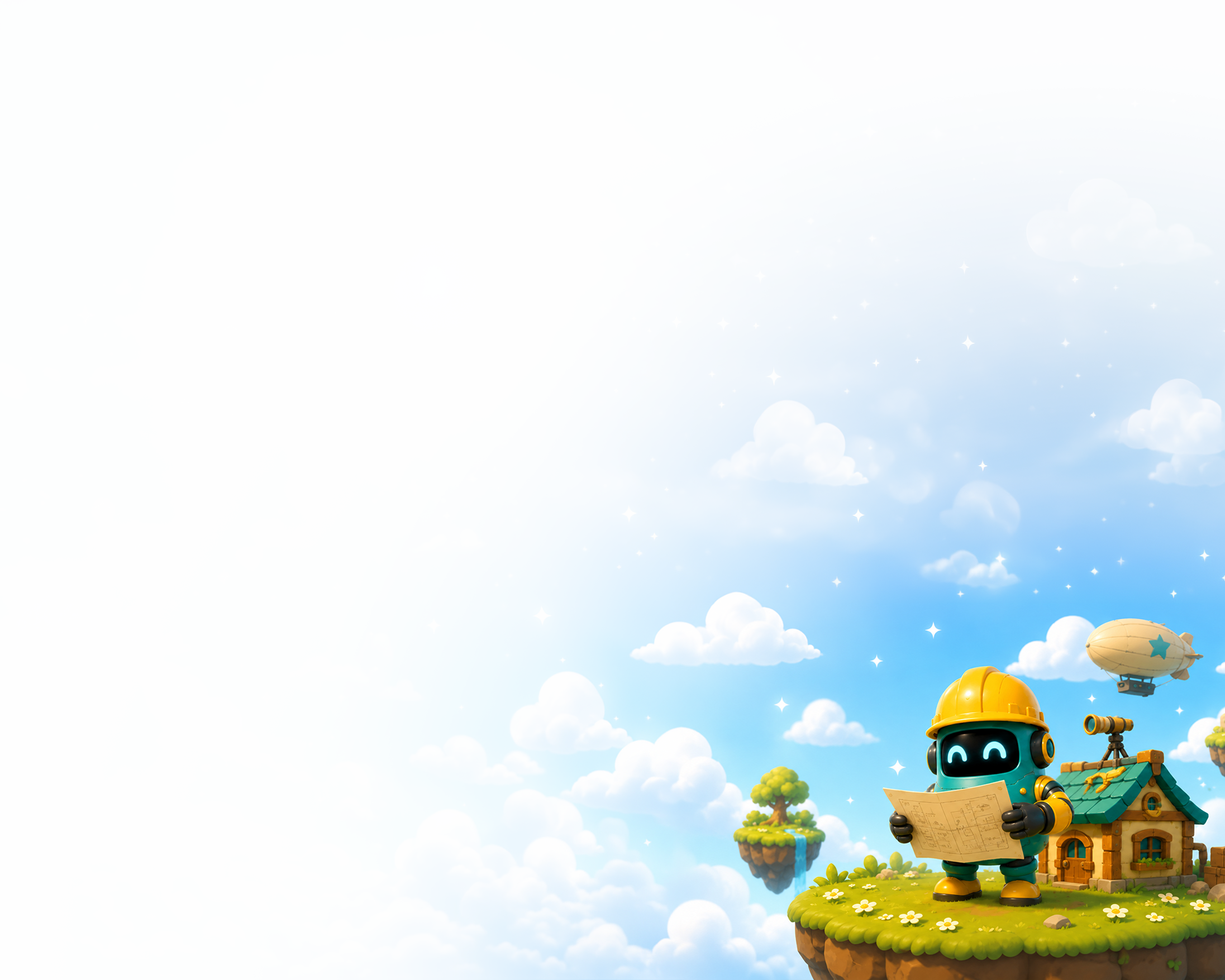 Bean-E reviewing plans on a floating island